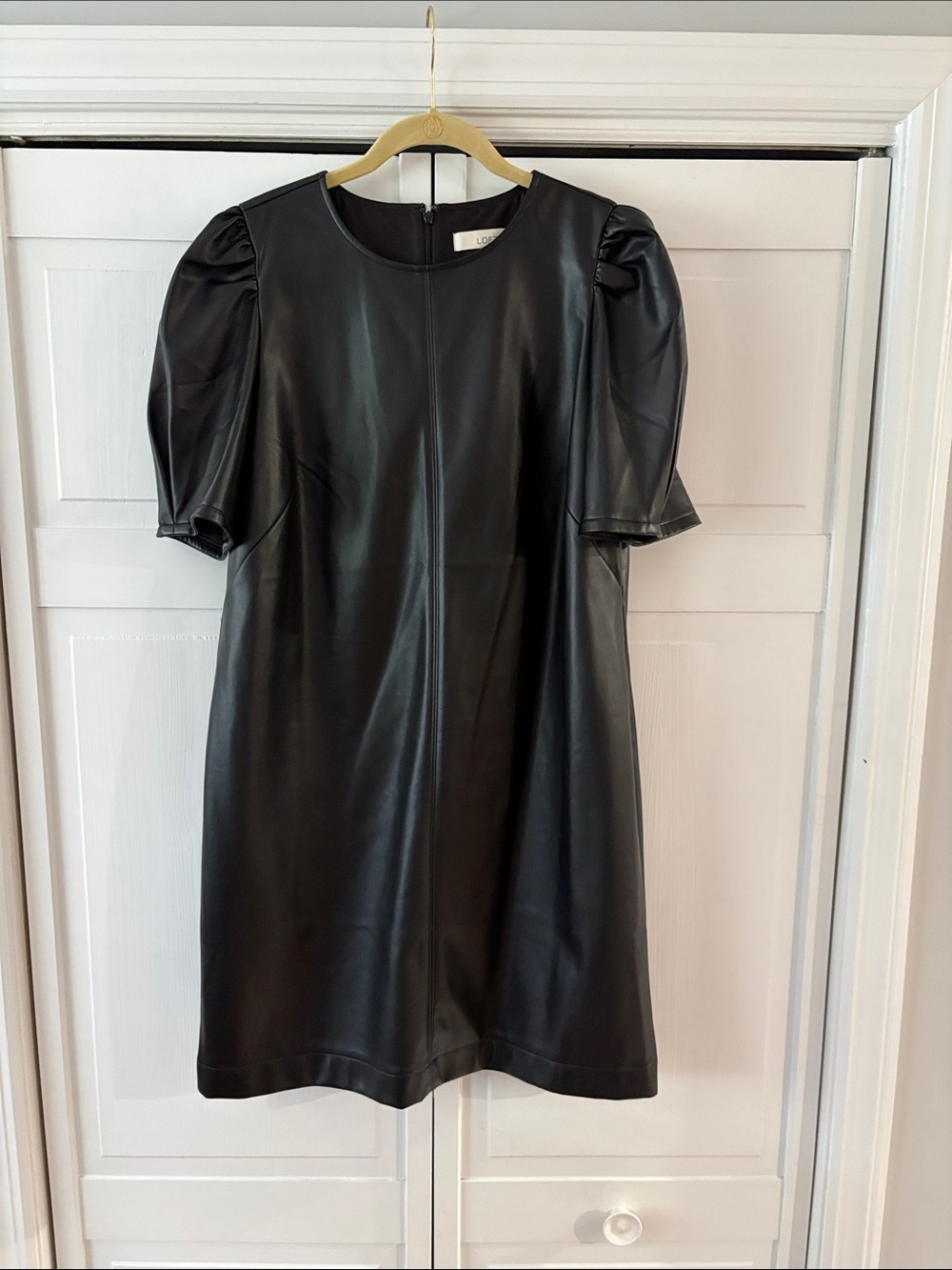 LOFT Black Faux Leather Puff Sleeve Mini Dress-size 14
